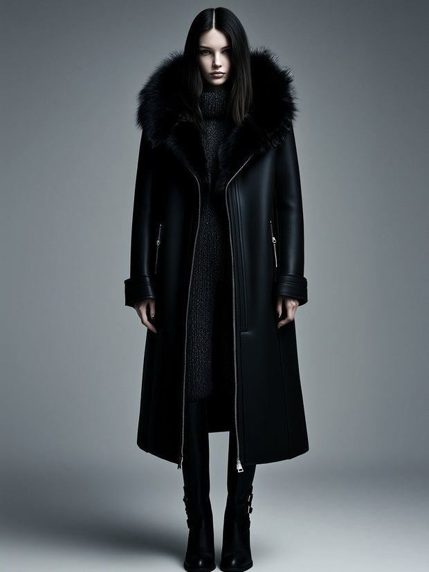 Women Fur Trim Warm Lined Hooded Faux Leather Trench Coat