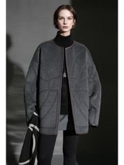 Elegant Wool Coat for Women – Double-Faced Suri Alpaca Blend Overcoat with Chain Motif and Leather Trim