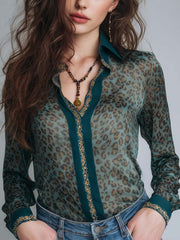 Boho Animal Print Vintage Green Chiffon Shirt