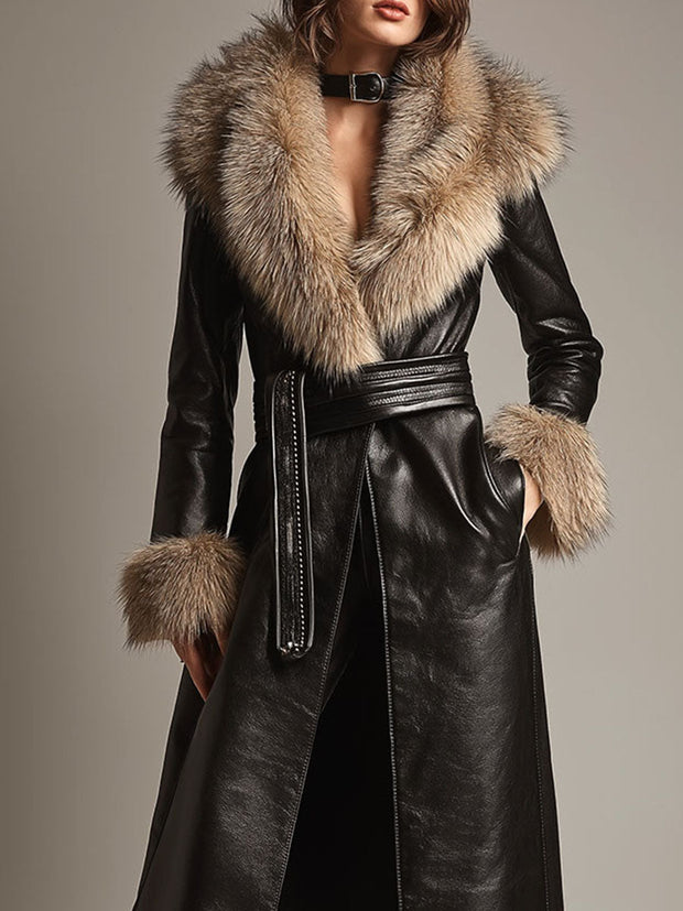 Vintage Black Long Eco Leather Trench Coat With Eco Trim