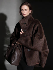 Alpaca Wool Biker Jacket for Women – Stand Collar Suoli Alpaca Coat with Luxe Textured Finish, Winter Chic Outerwear