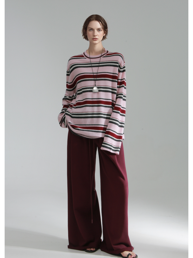 Wide Stripe Wool Knit Sweater for Women – Soft and Cozy Round Neck Pullover for Autumn/Winter
