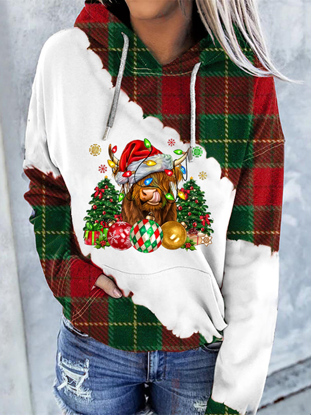 Women's Christmas Highland Cow Plaid Print Casual Hoodie