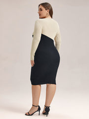 Two Tone Round Neck Bodycon Midi Sweater Dress