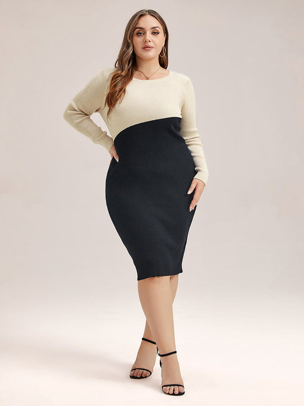 Two Tone Round Neck Bodycon Midi Sweater Dress