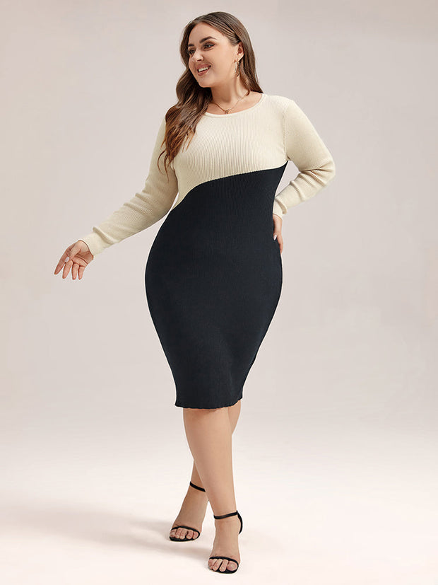 Two Tone Round Neck Bodycon Midi Sweater Dress