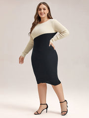 Two Tone Round Neck Bodycon Midi Sweater Dress