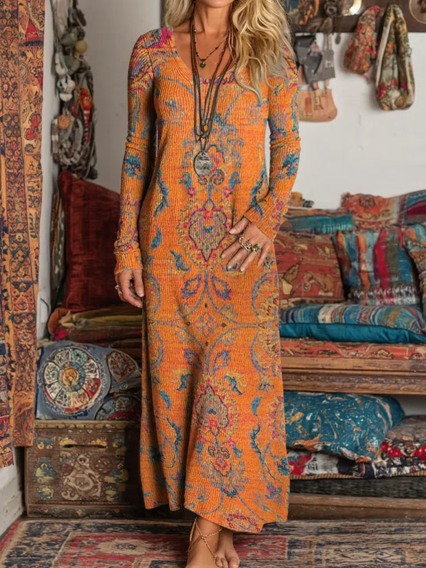 Women's Vintage Ethnic Yellow Totem Art Print Elegant V-neck Long Sleeve Knit Pocket Dress