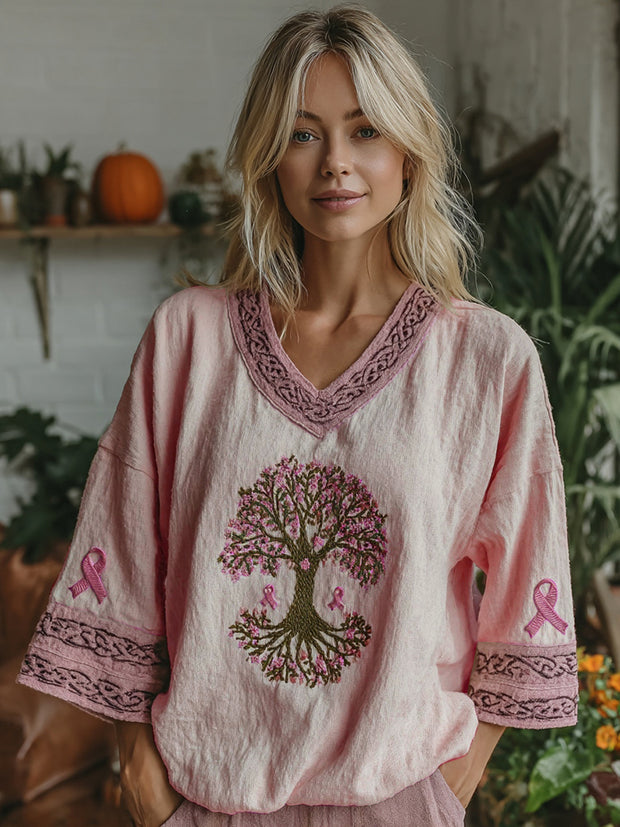 Women's Tree Of Life Pink Ribbon V-neck Half Sleeve T-shirt