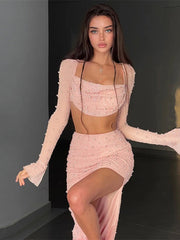 2023 Fall Ladies Solid 2 Piece Sexy Beaded Long Sleeve Short Top Tight Long Dress Sexy Club Celebrity Party Set