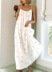 Pink Little Bow Printed Long Neckline Pleated Nightgown