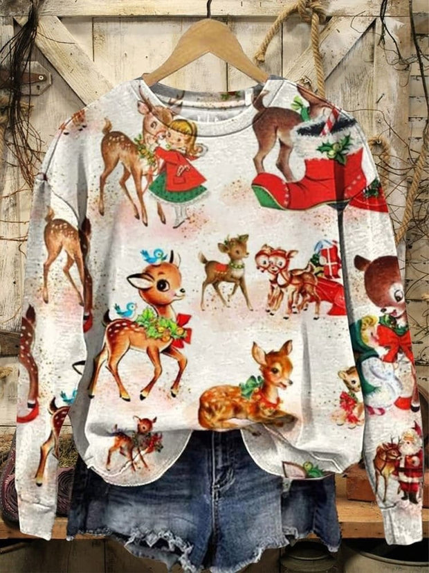 Retro Christmas Art Print Casual Long Sleeve Top