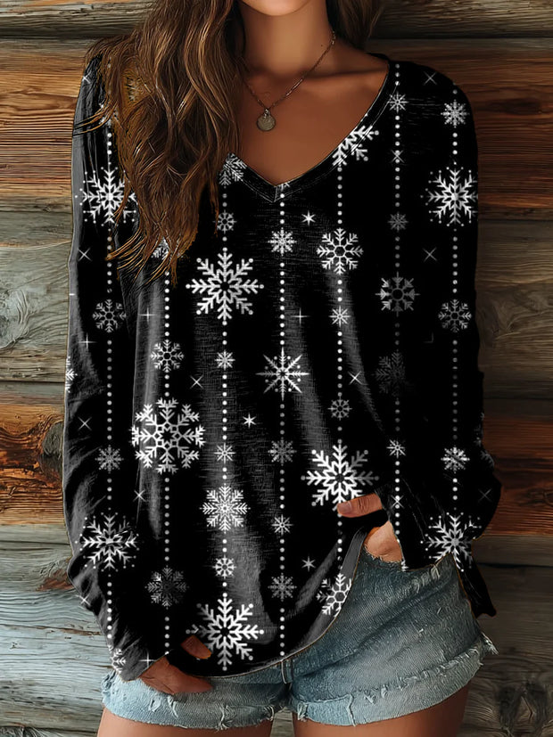 Women's Vintage Black Snowflake Christmas Pattern Art Print V-neck Cotton T-shirt