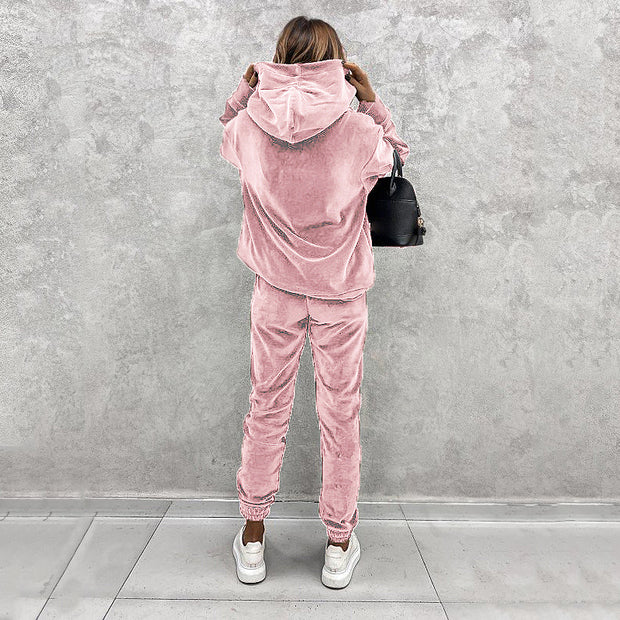 Women's solid color hooded sports casual suit