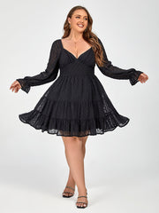 Plus Black Polka Dot Mesh Patchwork Flounce Sleeve Dress