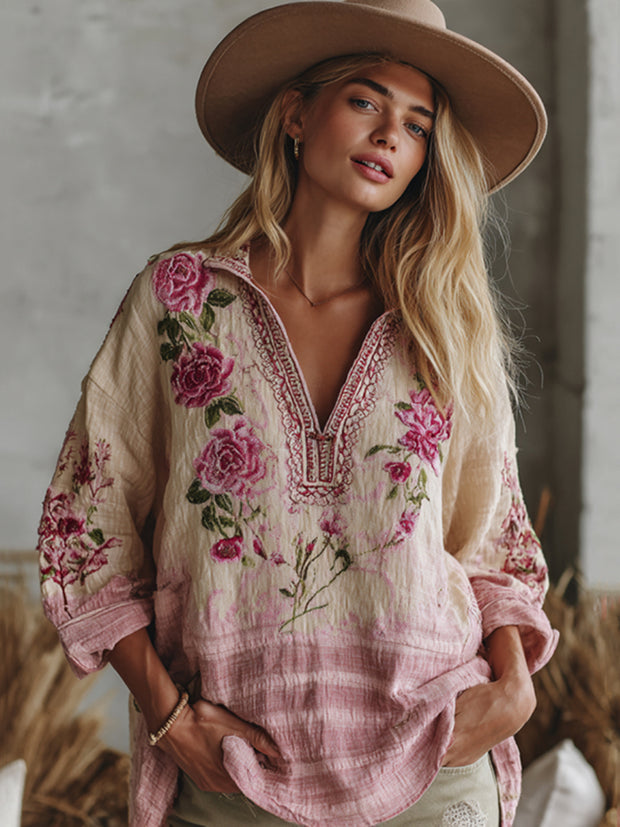 Love & Health Collection Retro Western Women Style Vintage Gradient Pink Striped And Floral Patchwork Art Linen Shirt