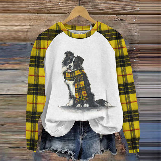 Women's Cute Dog Plaid Print Casual Crew Neck Sweatshirt