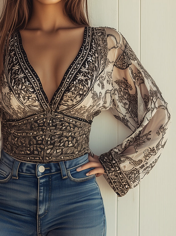 Printed V-neck Bohemian Gorgeous Long Sleeve Shirt