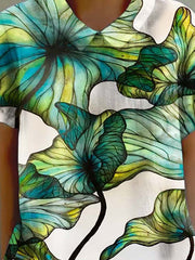 Women's Green Floral Print Casual Cotton And Linen Short Sleeves Shirt