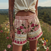 Women's Patchwork Rose Floral Waist Drawstring Pocket Shorts