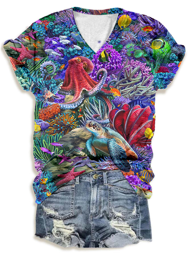 Women's Marine Life Print V-Neck T-Shirt