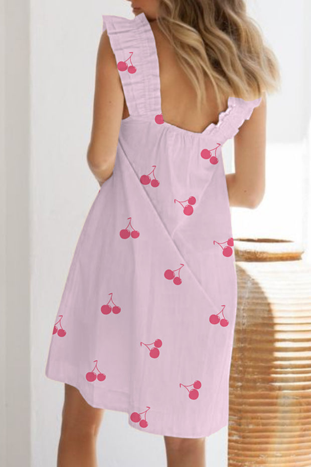 Women's Pink Cherry Printed Ruffle Mid-Length Nightgown