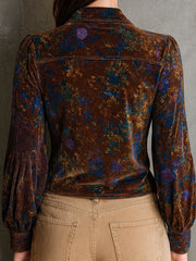 Chic Boho Floral Print Velvet Blouse With Ruffle Trim