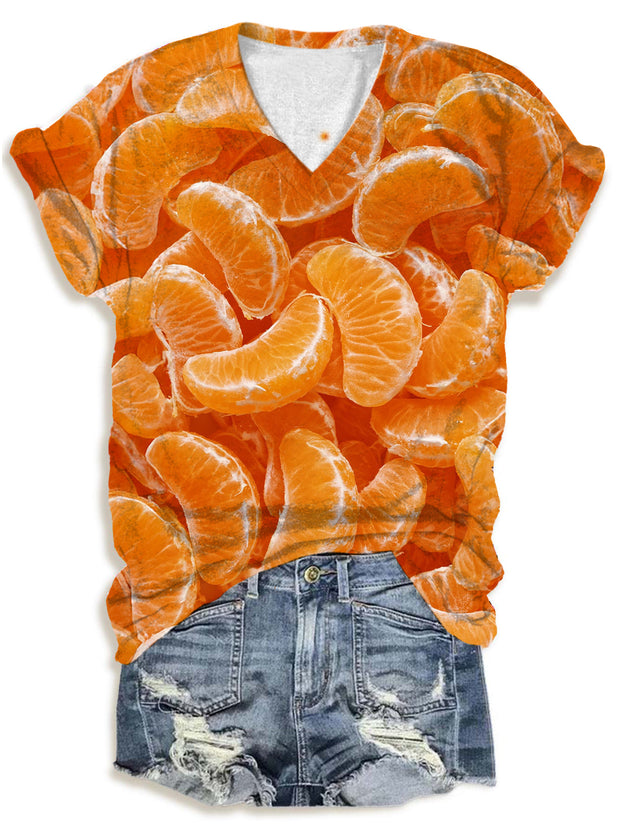 Women's Orange Print V-Neck T-Shirt