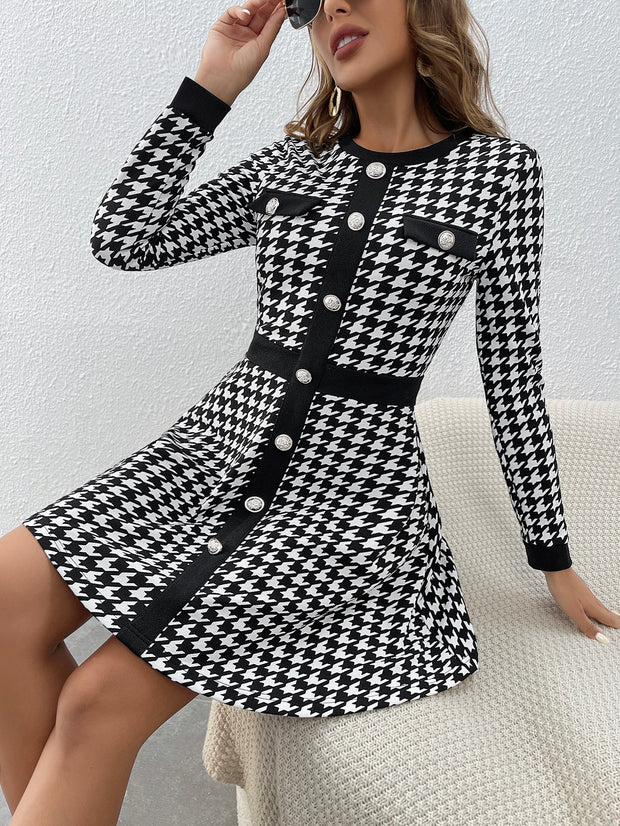 Autumn And Retro Winter Elegant Plaid Contrast Color Dress