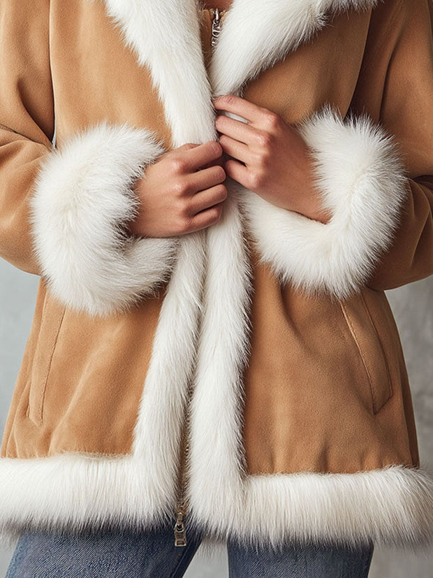 Luxury Eco Fur Trim Hooded Microsuede Jacket With Plush Lining