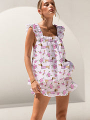 Pink Dachshund Print Ruffled Trim Short Tank Top Shorts Pajama Set