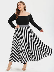 Striped Print Off Shoulder Elastic Waist High Low Maxi Dress