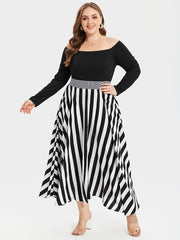 Striped Print Off Shoulder Elastic Waist High Low Maxi Dress