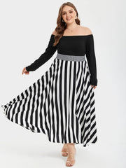 Striped Print Off Shoulder Elastic Waist High Low Maxi Dress