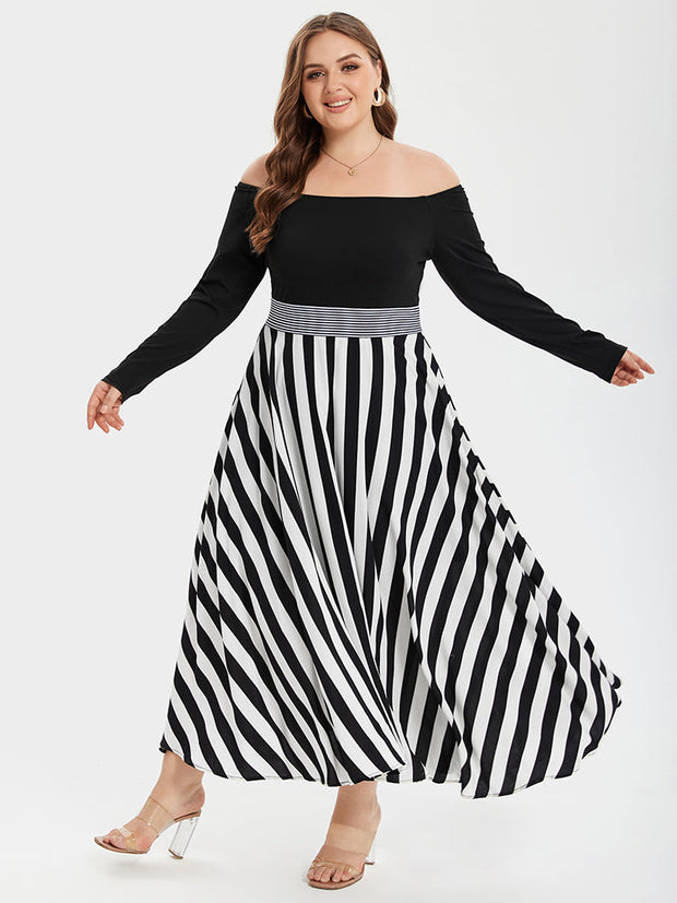 Striped Print Off Shoulder Elastic Waist High Low Maxi Dress