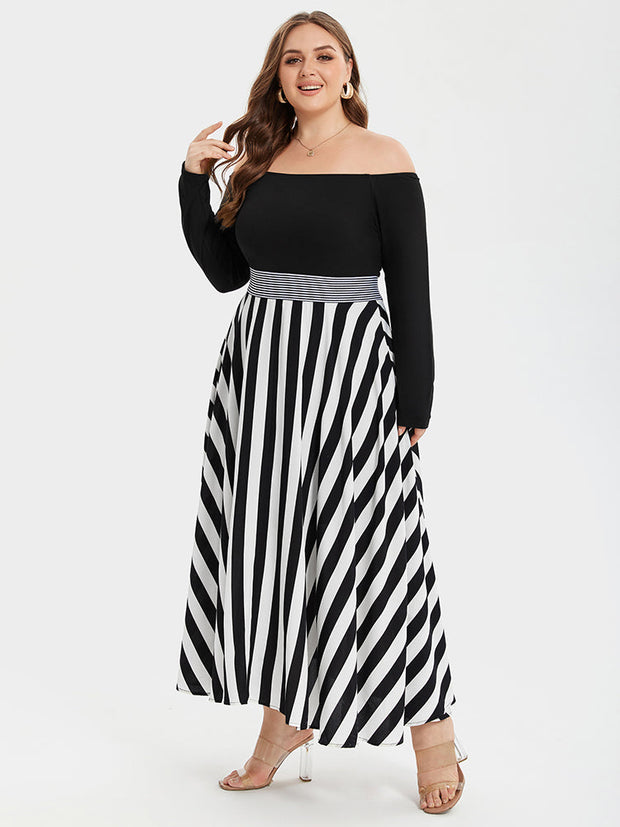 Striped Print Off Shoulder Elastic Waist High Low Maxi Dress