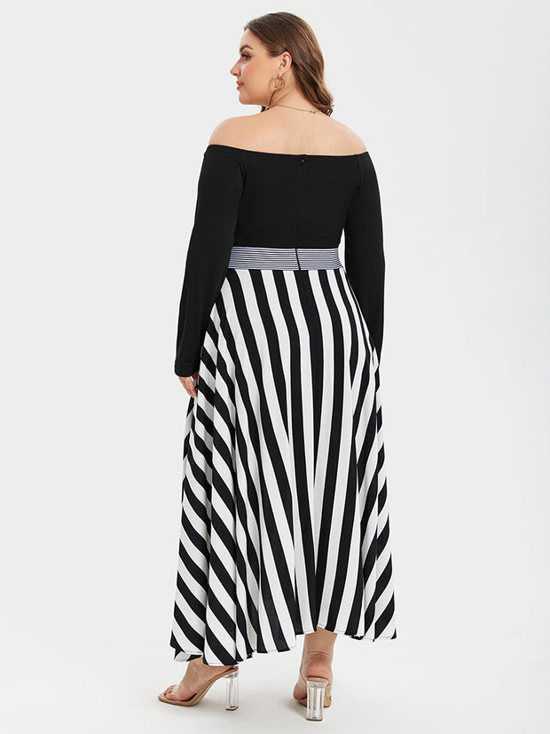 Striped Print Off Shoulder Elastic Waist High Low Maxi Dress