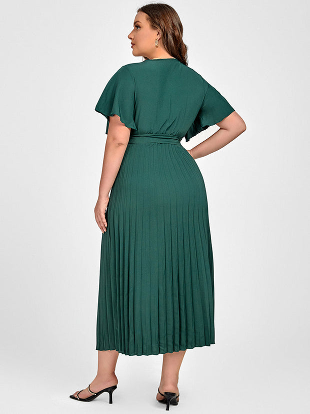 Plus Green Ruffle Sleeve Wrap Midi Dress