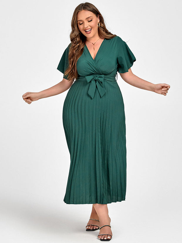 Plus Green Ruffle Sleeve Wrap Midi Dress