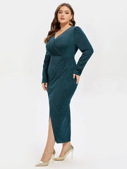 V-Neck Wrap Hem Ruched Glitter Midi Dress