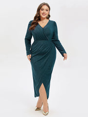 V-Neck Wrap Hem Ruched Glitter Midi Dress