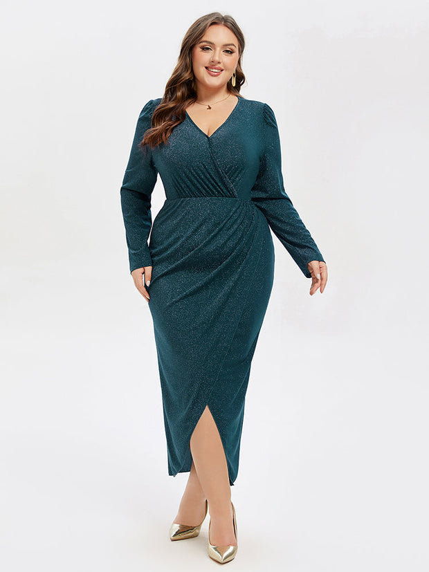 V-Neck Wrap Hem Ruched Glitter Midi Dress