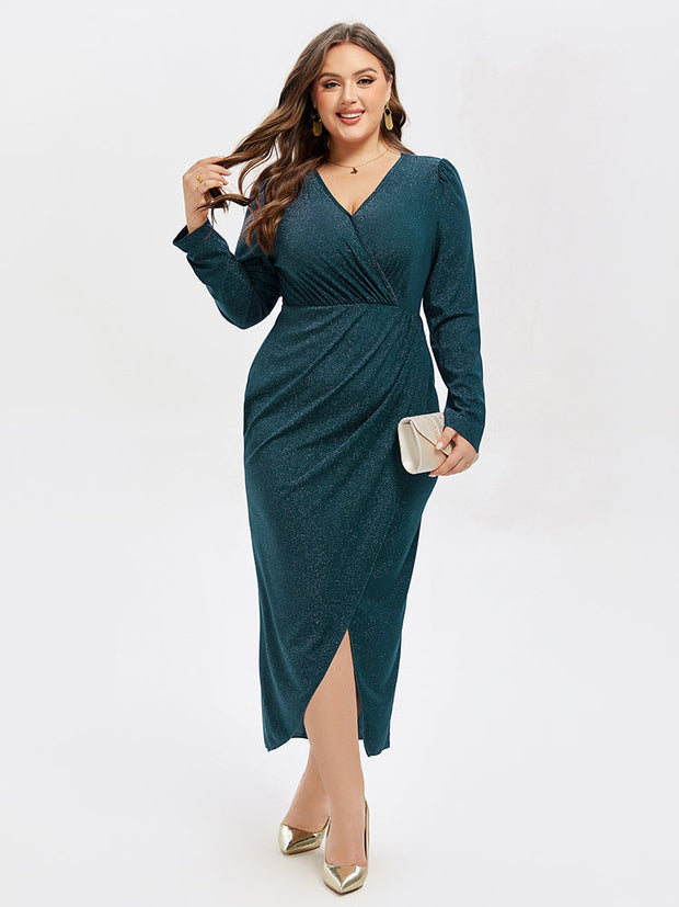 V-Neck Wrap Hem Ruched Glitter Midi Dress