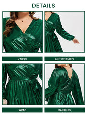 Lantern Sleeve V-Neck Wrap Midi Dress