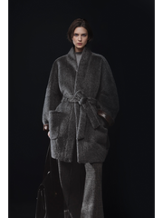 Luxury Ostrich-Texture Patchwork Wool-Blend Alpaca Coat for Women – Elegant Fall Winter Outerwear