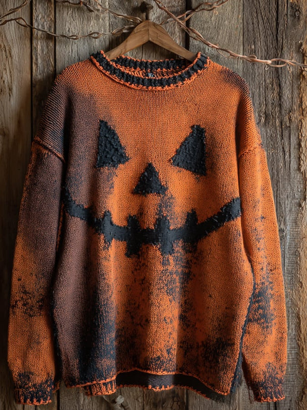 Women's Halloween Pumpkin Face Print Knitted Sweater