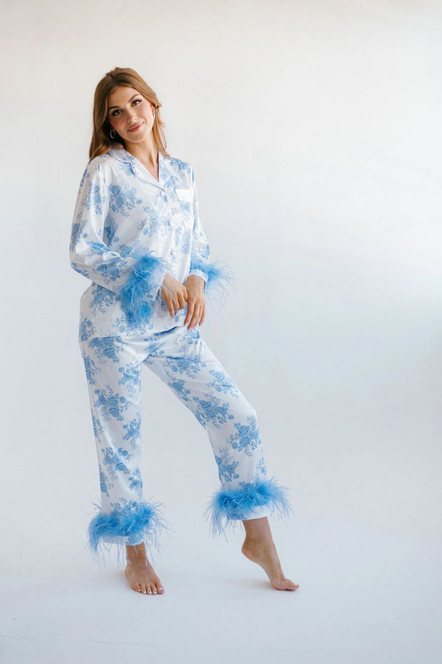 Blue Floral Print Satin Pajama Set