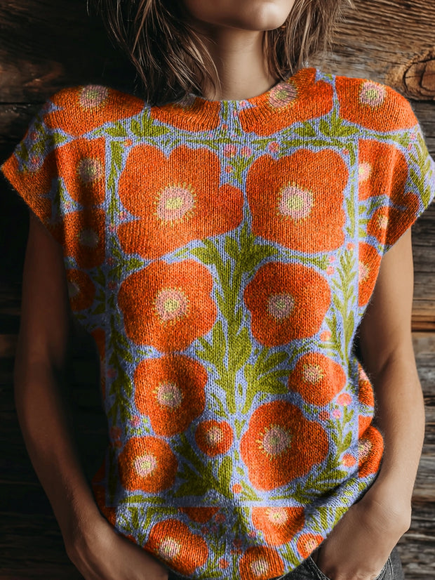 Women's Floral Tattoo Pattern Art Print Casual Crew Neck Short Sleeve Knit Sweater