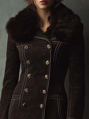 Vintage Dark Brown Eco-Suede Coat With Faux Fur Collar And Contrast Stitching