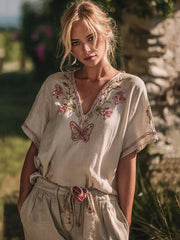 Cozy Pink Floral Butterfly Embroidery Short Sleeve Linen Blend T-shirt